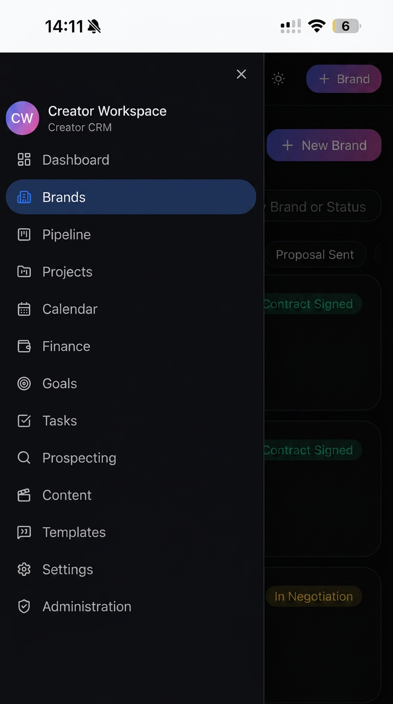 Creator Workspace on mobile — One simple menu