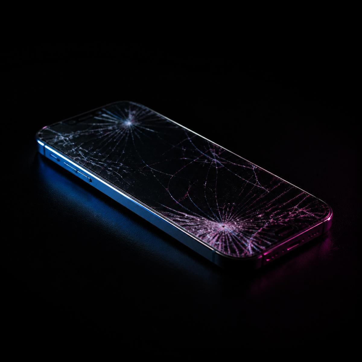 Phone with a cracked screen on a black background